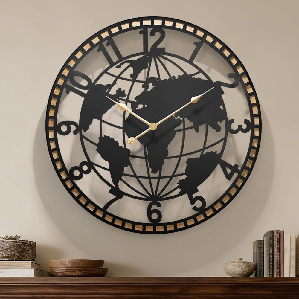 Large World Map Wall Clock 24 Inch,Non-Ticking Metal Decorative Wall Clock, S...
