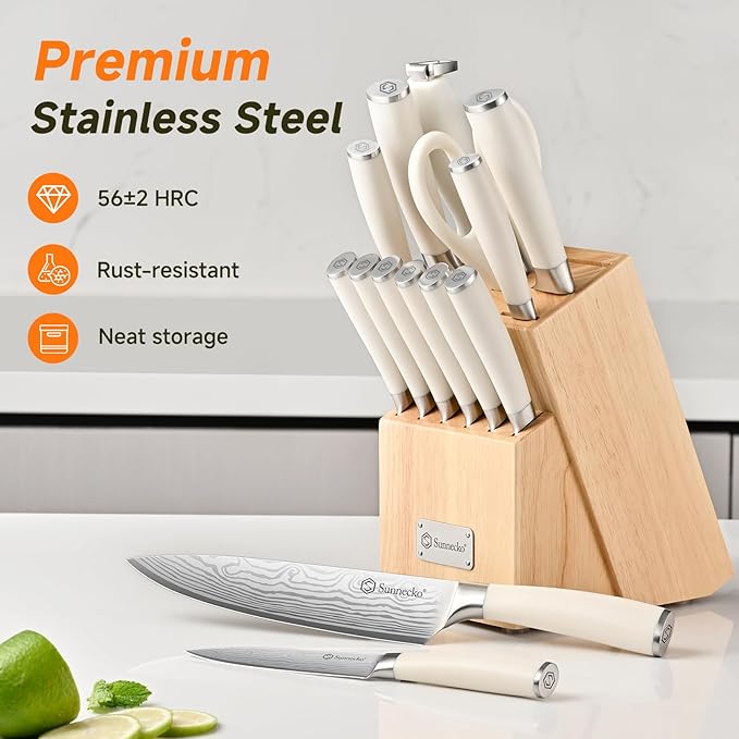 Sunnecko Knife Set with Block and Sharpener, 15 Piece Kitchen Knife Block Set