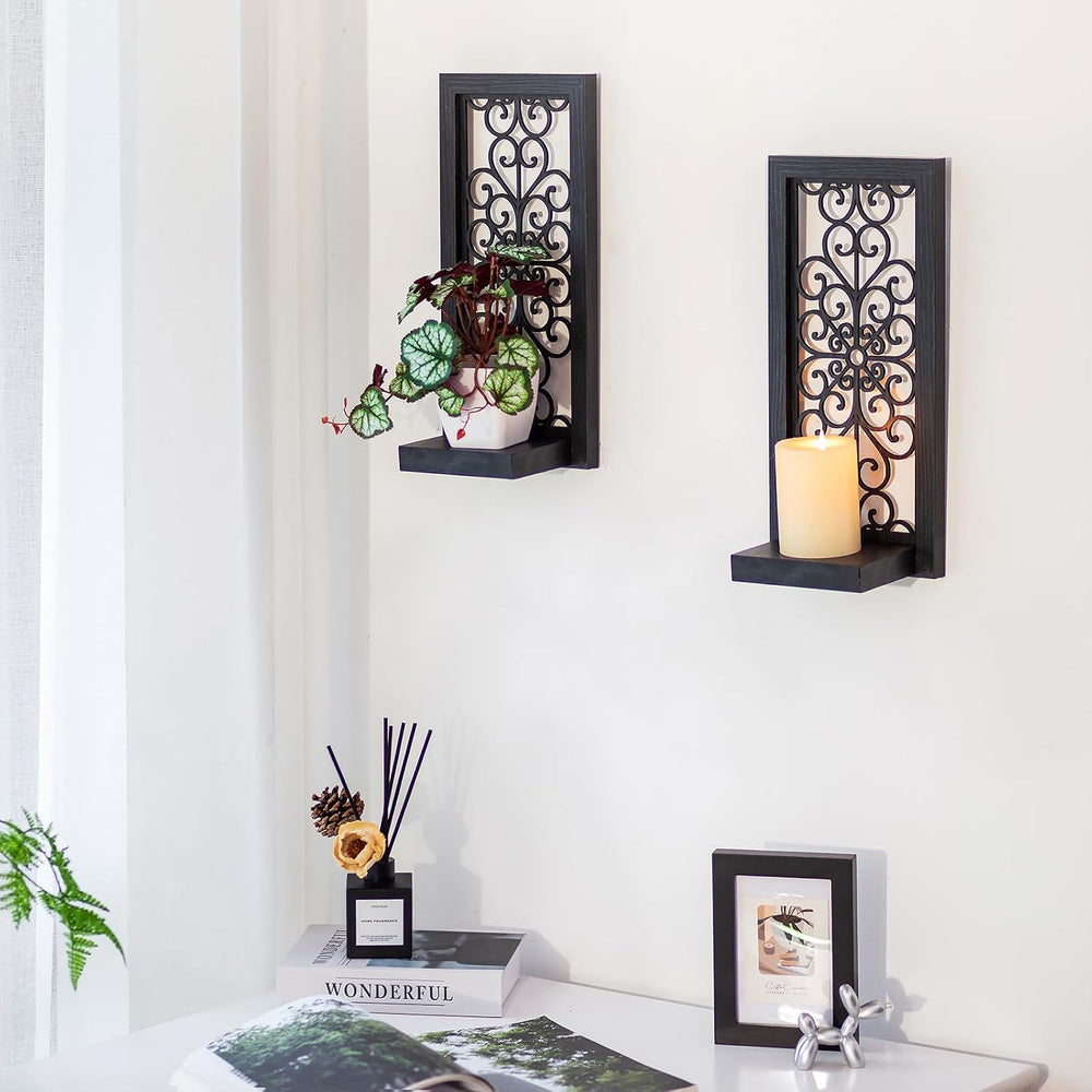 Black Gothic Wall Candle Sconces Set of 2 with Real Glass Mirror