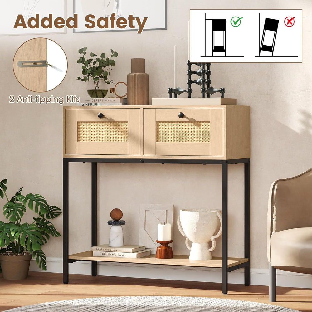 GOFLAME Rattan Console Table, Boho Entryway Table with 2 Drawers & Open S...