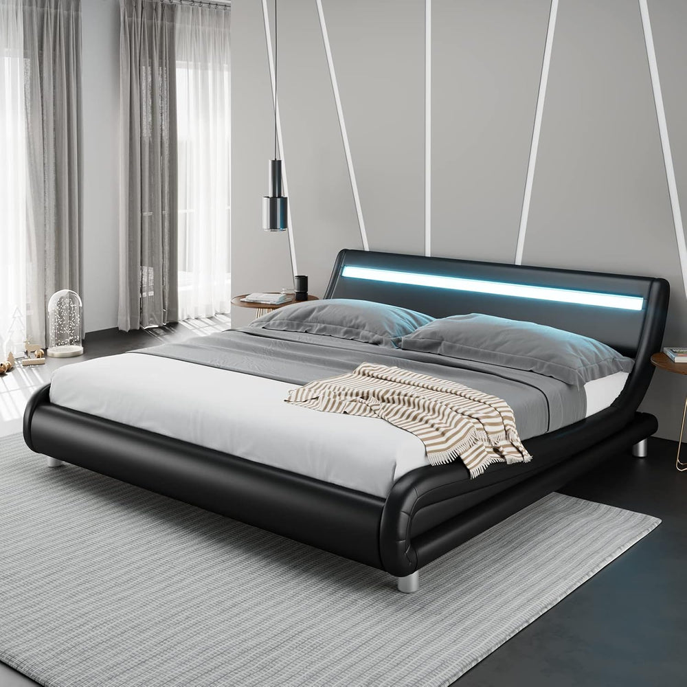 Keyluv Upholstered Full LED Bed Frame with Headboard, Modern Low Profile Plat...