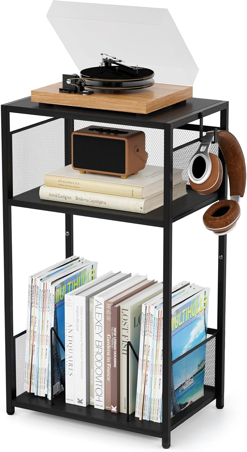Aduanbang 3 Tier End Table,Record Player Stand with Storage Up to 100 Albums,...