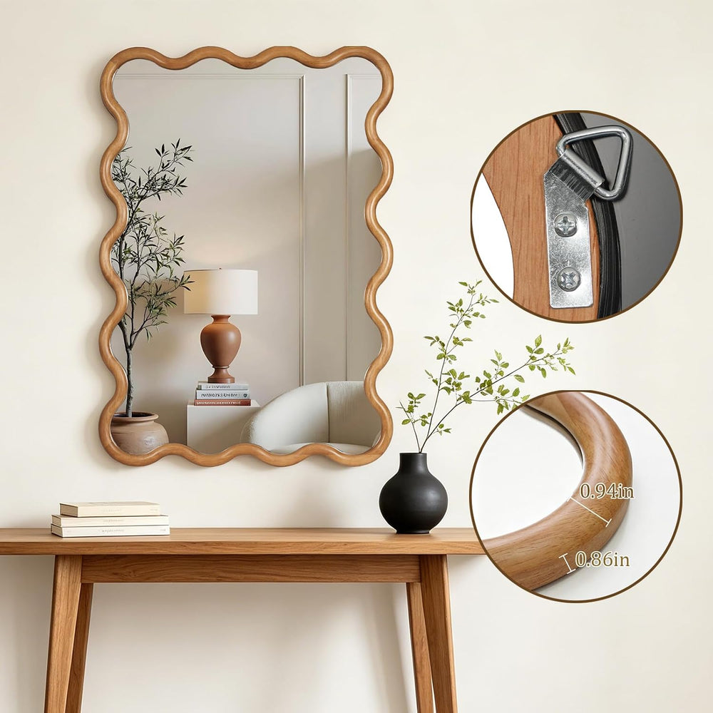 28"x40" Wavy Wood Mirror, Rectangular Wall Mirror with Natural Wood...
