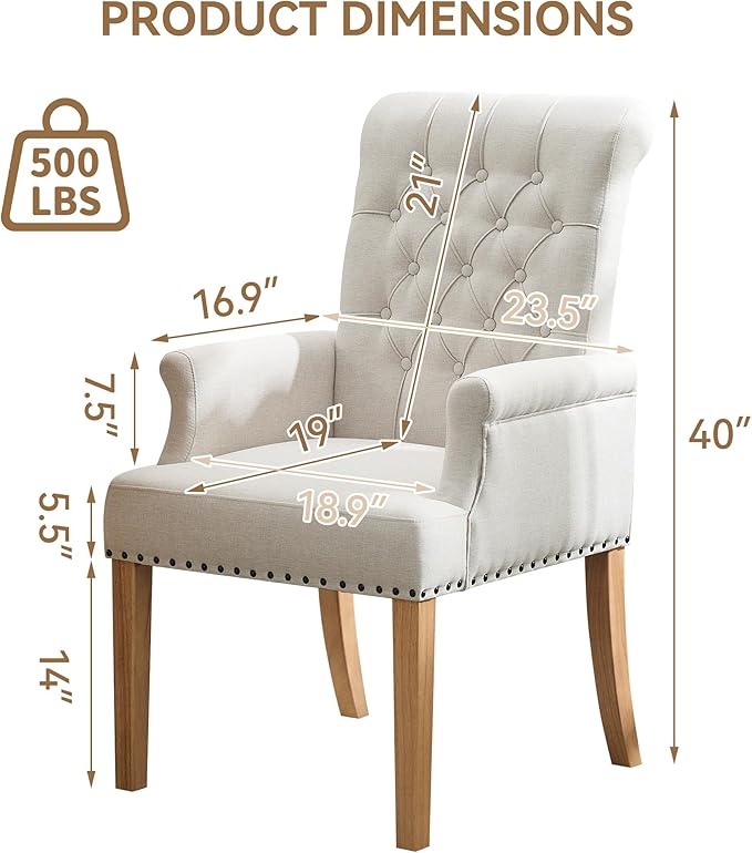 Fabric Dining Chair with Arms, Upholstered Tufted High Back Dining Room Chair...