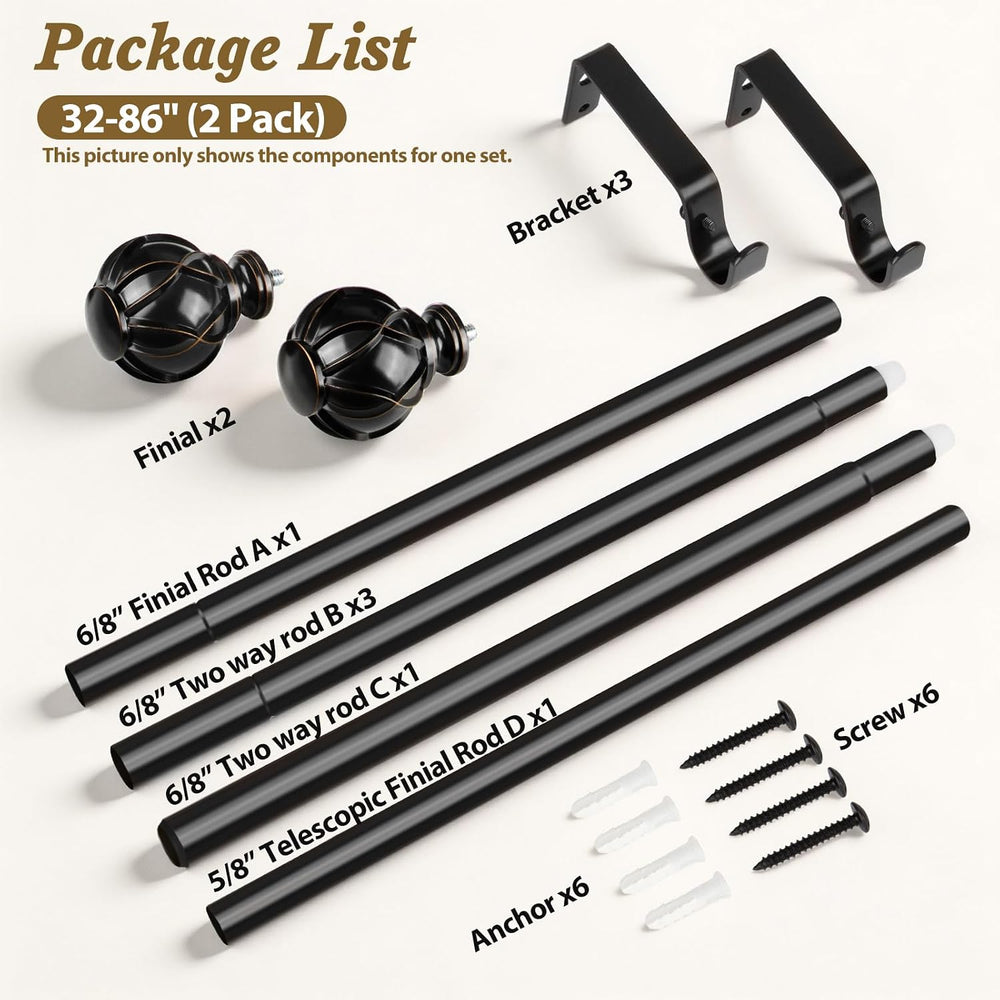 HOTOZON Curtain Rods for Windows 2 Pack 32-86 Inches, Black