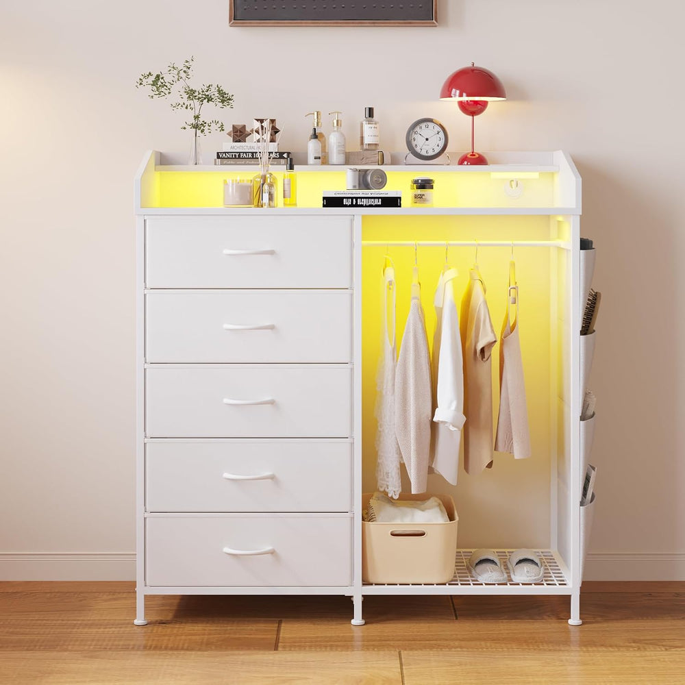 LUMTOK Modern 5 Dresser with LED Hanging Rack, Dresser with Clothes Rack, Han...