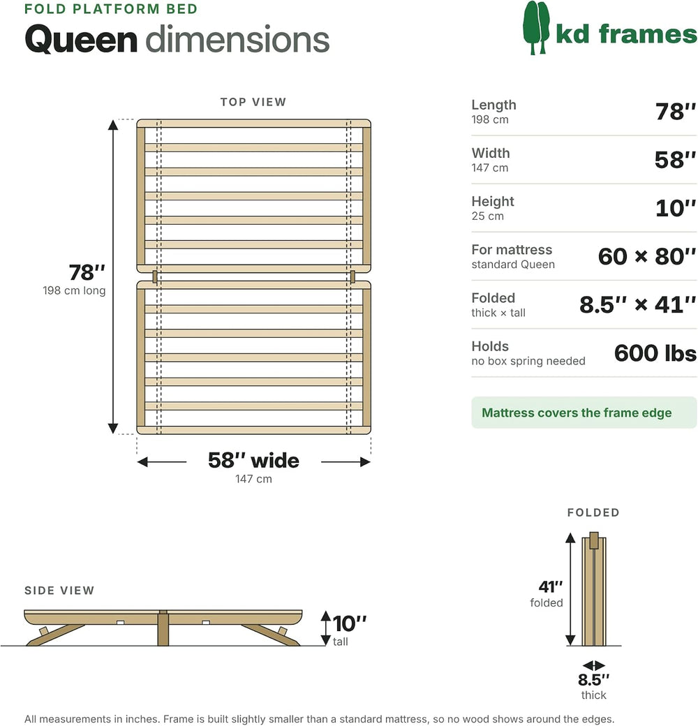 Fold Queen Folding Platform Bed, Solid Poplar Wood, Made in USA