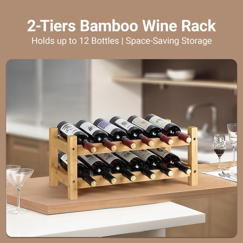 2 Tiers Bamboo Wine Rack Countertop Wine Display Stand Wine Storage Shelf Win...