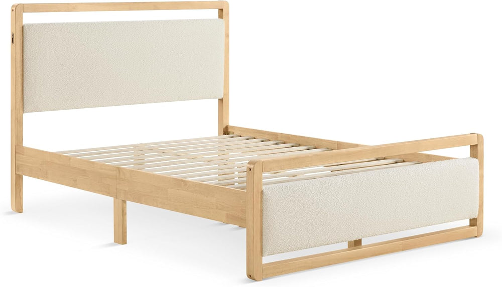 KISLOT Queen Wood Platform Bed Frame with Boucle Upholstered Headboard, Mid-C...