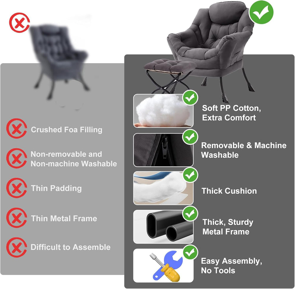 Furlide Lazy Chair with Ottoman, Modern Chair with Folding Footrest, Dark Gre...