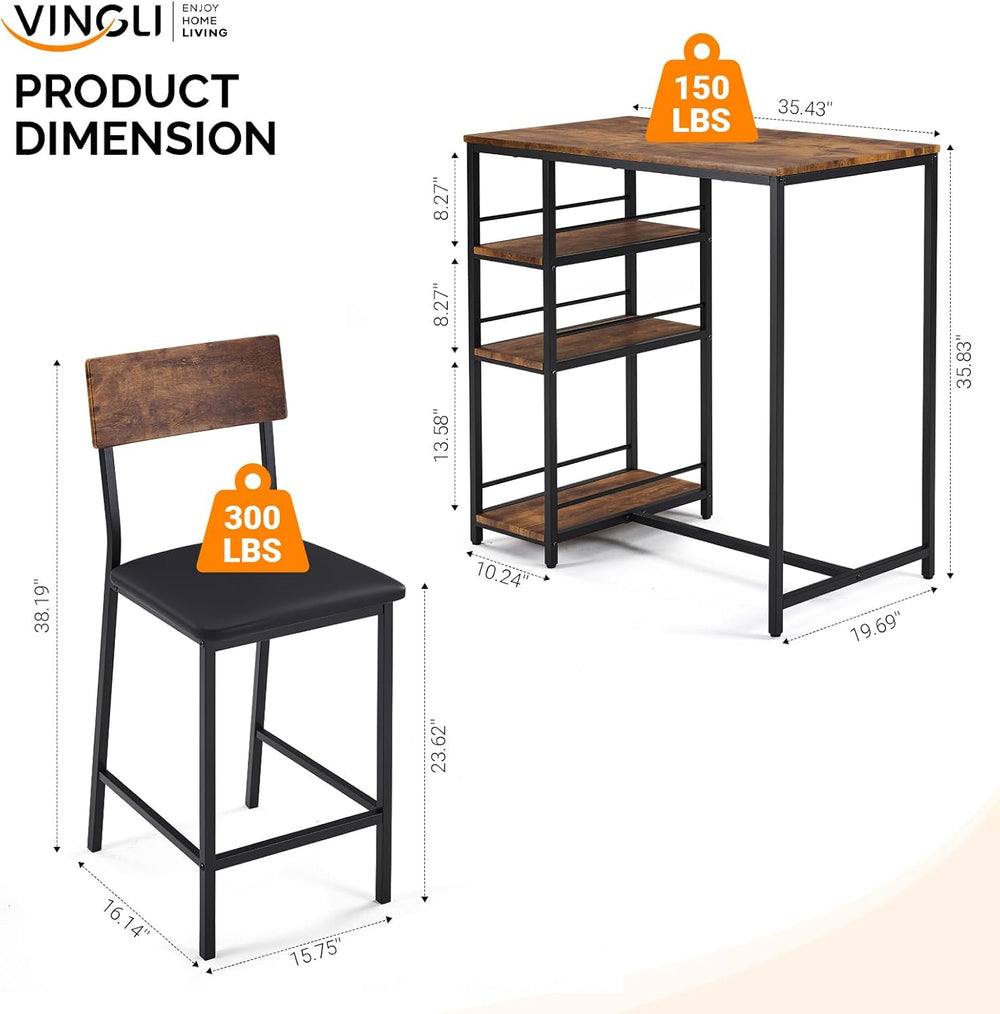 VINGLI Dining Table Set for 2, Kitchen Breakfast Counter Height Small 3 Piece...