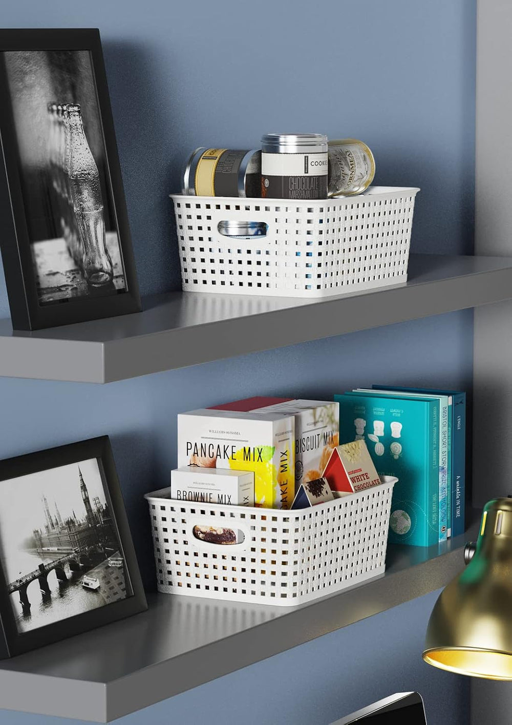 WYT 12-Pack Plastic Small Shelf Storage Weave Baskets for Organizing, White