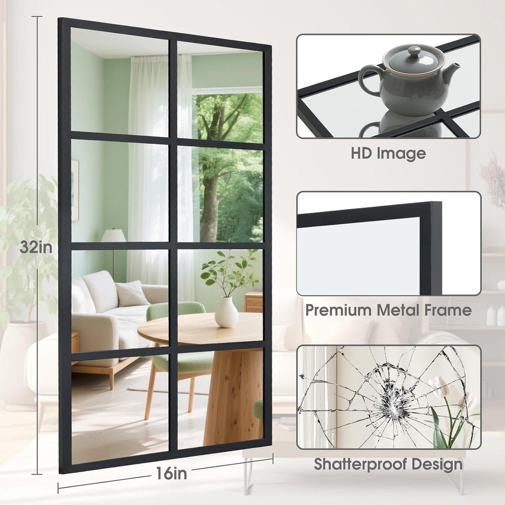 Window Pane Wall Mirror, 16x32 Inch Black Framed Mirrors