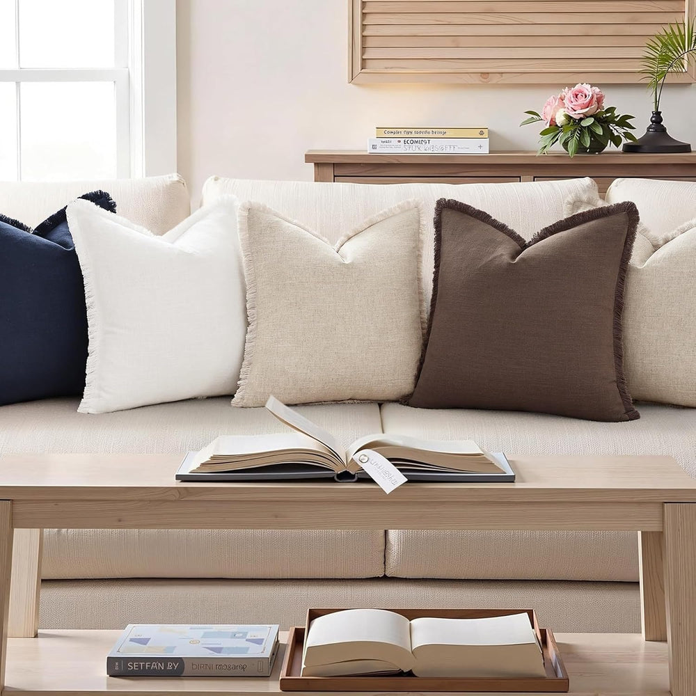 decorUhome Linen Fringe Navy Blue Throw Pillow Covers 18x18 Set of 2