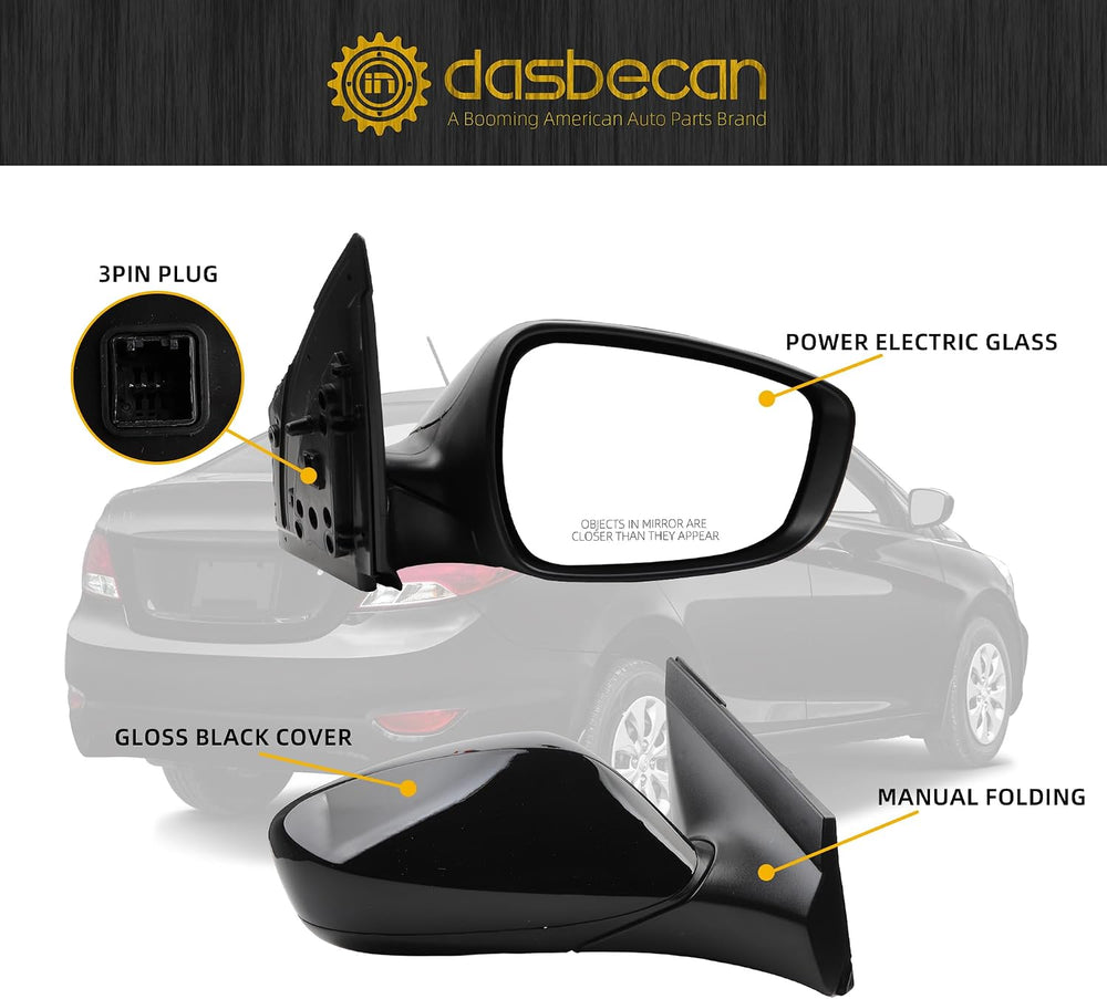Dasbecan Right Side Mirror Compatible with 12-17 Hyundai Accent Black 3 pin