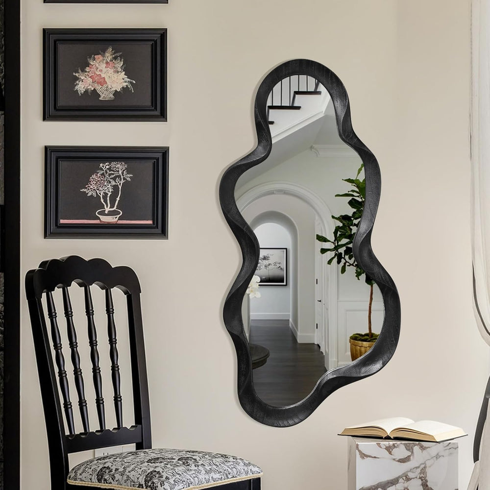 Black Asymmetrical Mirror, Wall Irregular Wood Frame Wavy Wall Mirror