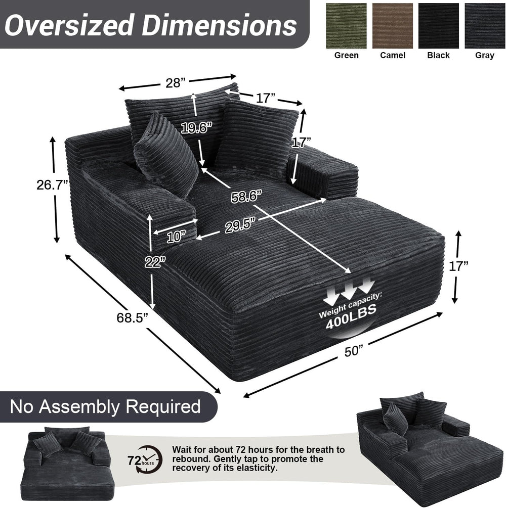 50" x 68" Corduroy Chaise Lounge, Boneless Sofa Bed, Dark Gray | Ov...