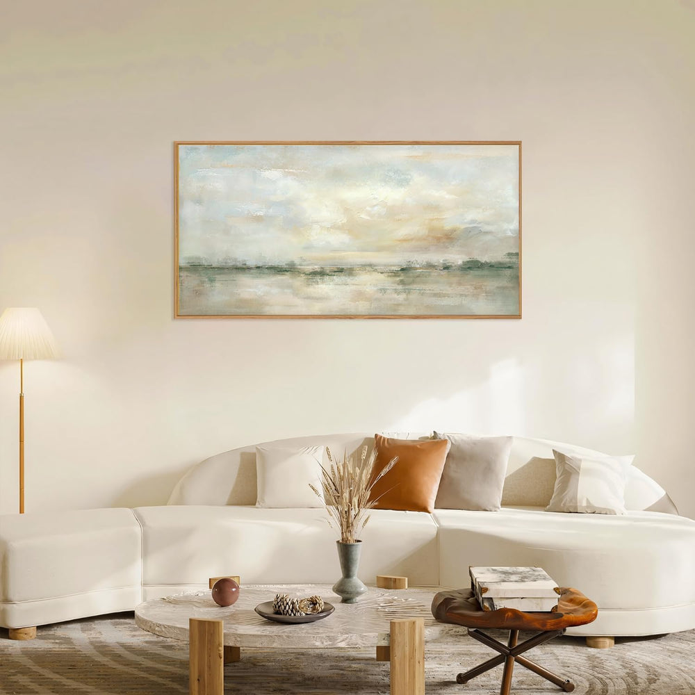 LHIUEM Large Abstract Green Gray Pastel Framed Canvas Wall Art,Neutral Landsc...