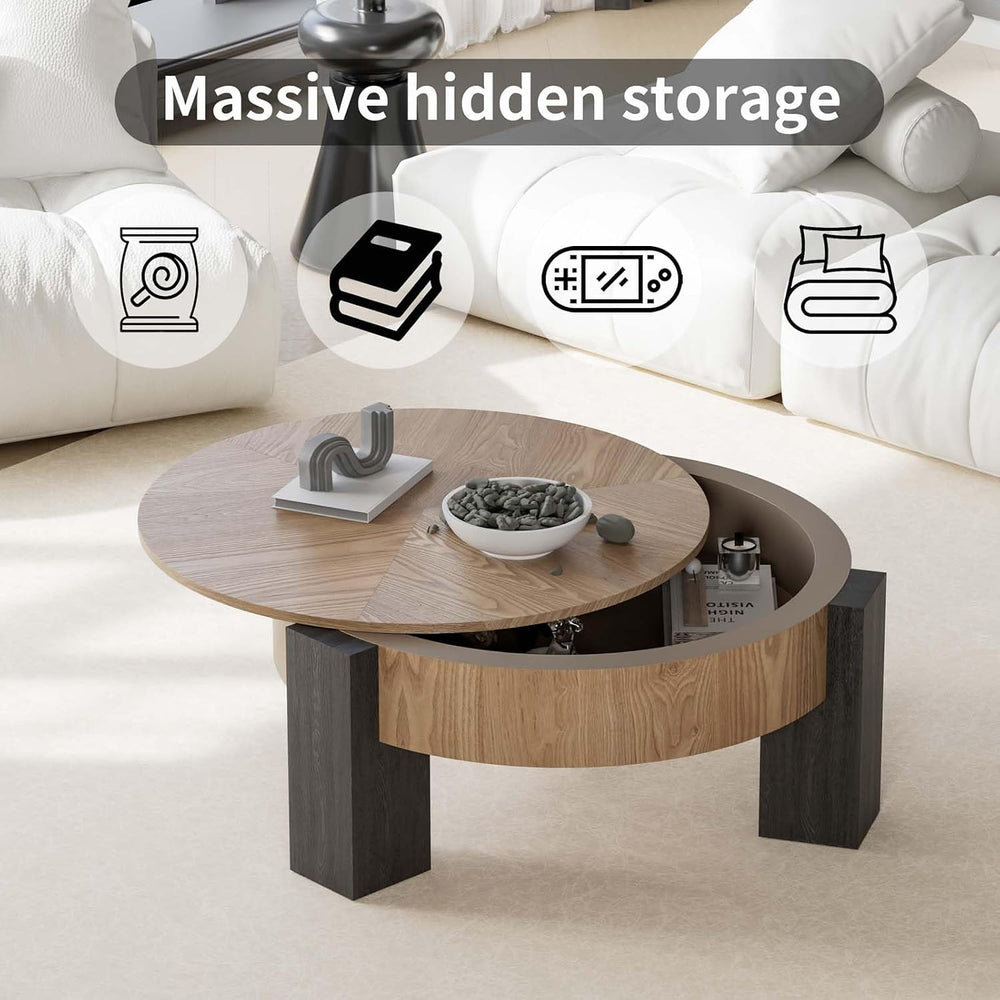 Round Coffee Table with Hidden Storage & 3 Block Legs