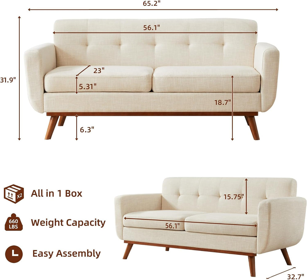 Kingfun 65.2" W Loveseat Sofa, Mid Century Modern Decor Love Seat Couche...