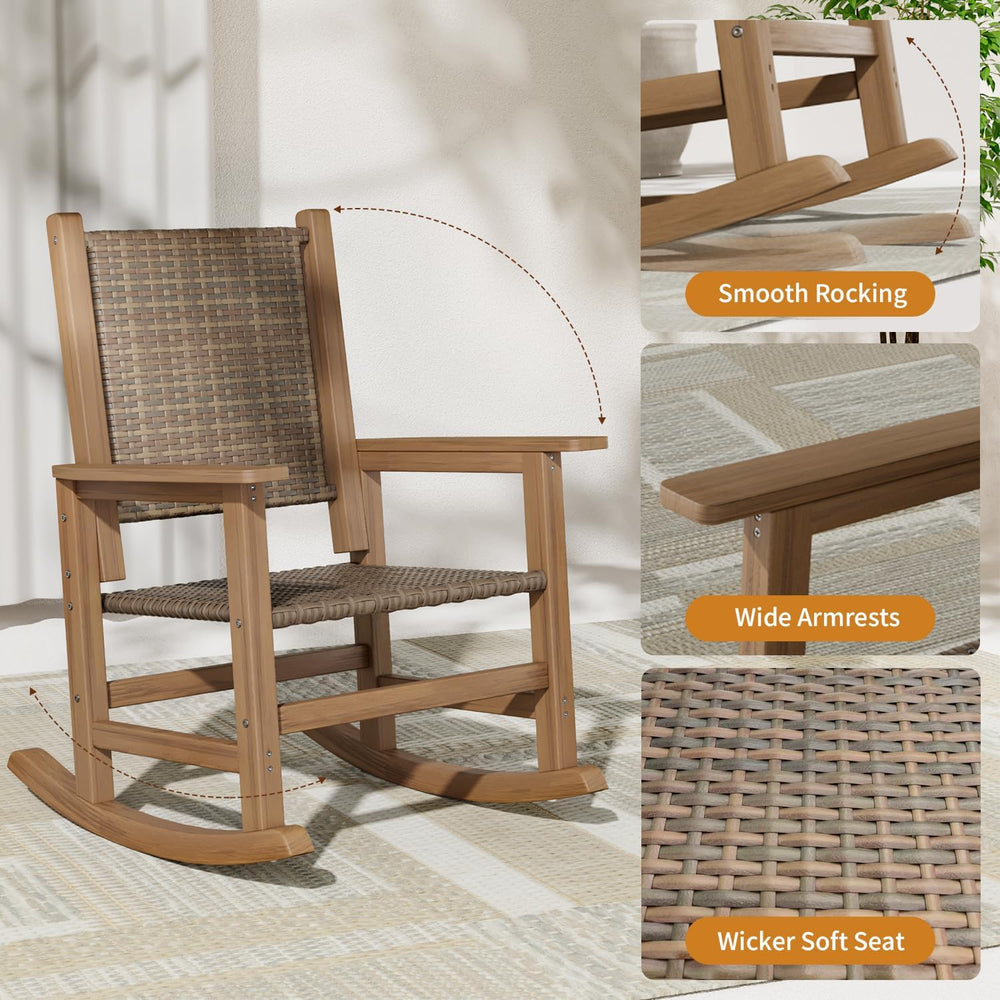 HDPE Outdoor Rocking Chair, All-Weather Wicker Porch Rocker, Brown