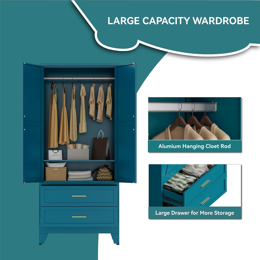 Metal Wardrobe Closet with Doors, 71" Tall Armoire Wardrobe with 2 Drawe...