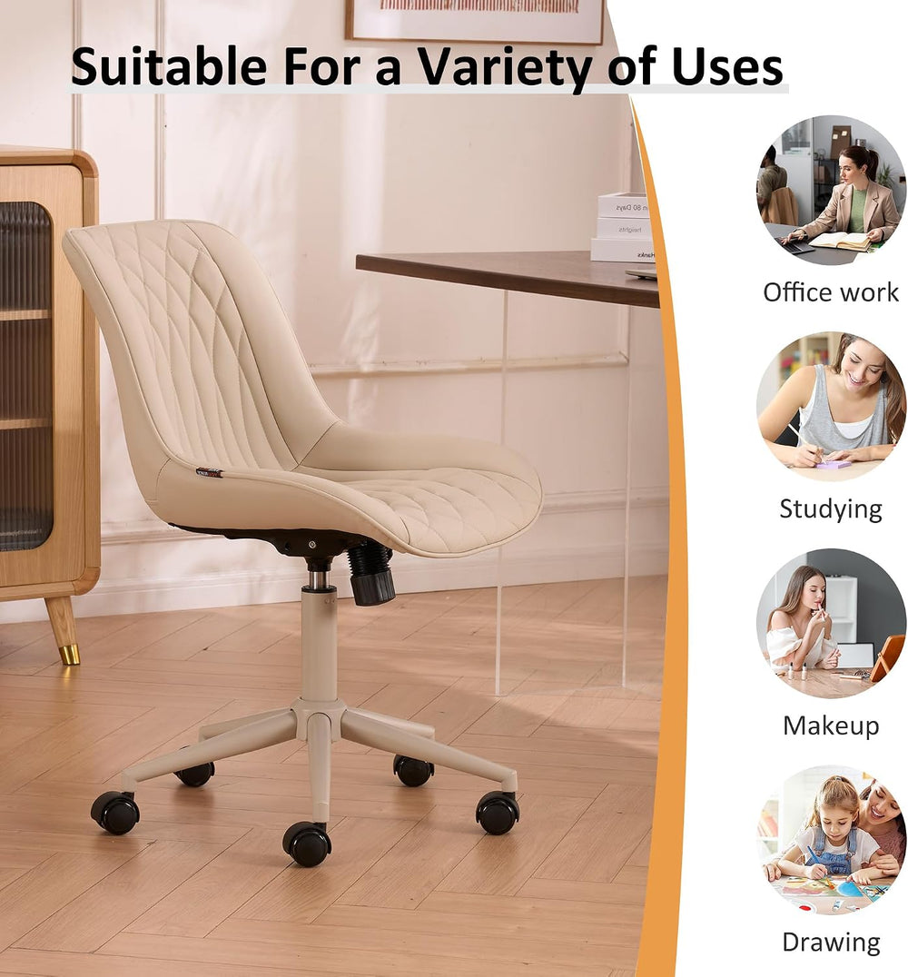 YOUNIKE Faux Leather Office Desk Chair Comfy Vanity Chair Armless Cream | Erg...