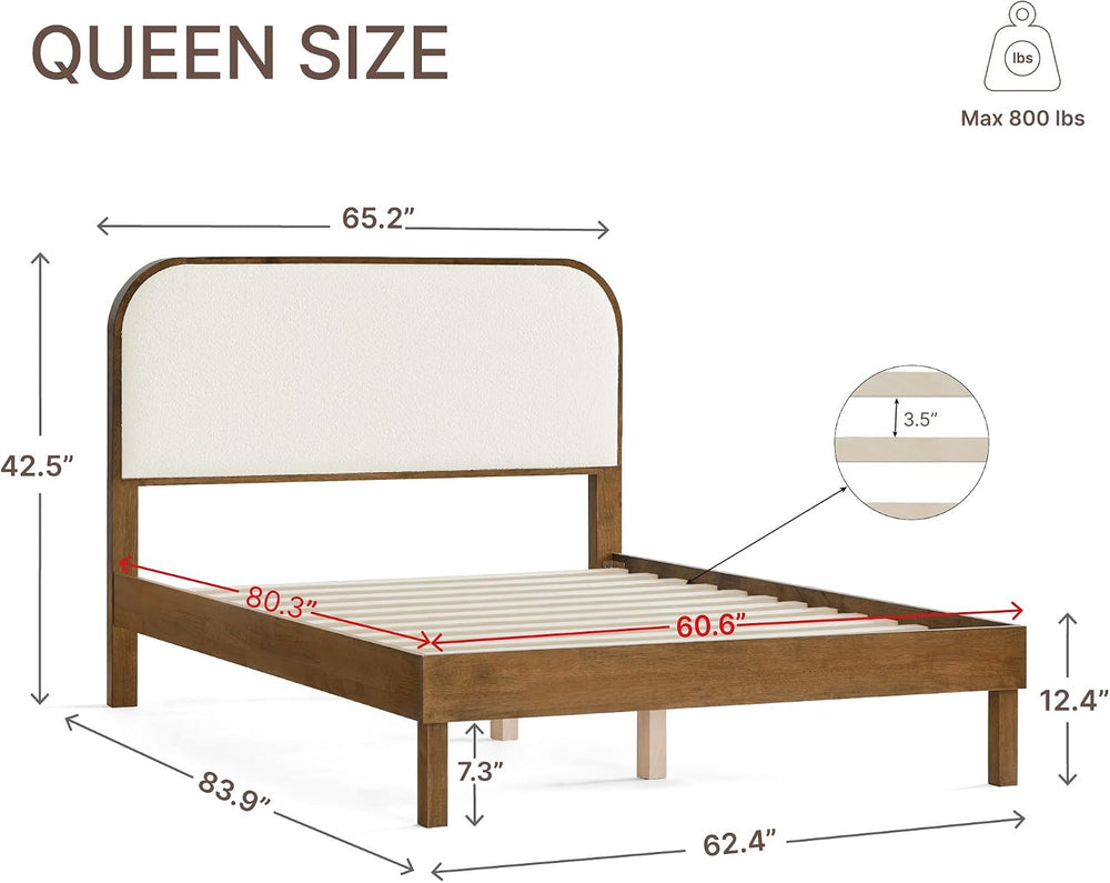 KISLOT Wood Bed Frame with Upholstered Headboard, Mid-Century Boucle Fabric P...