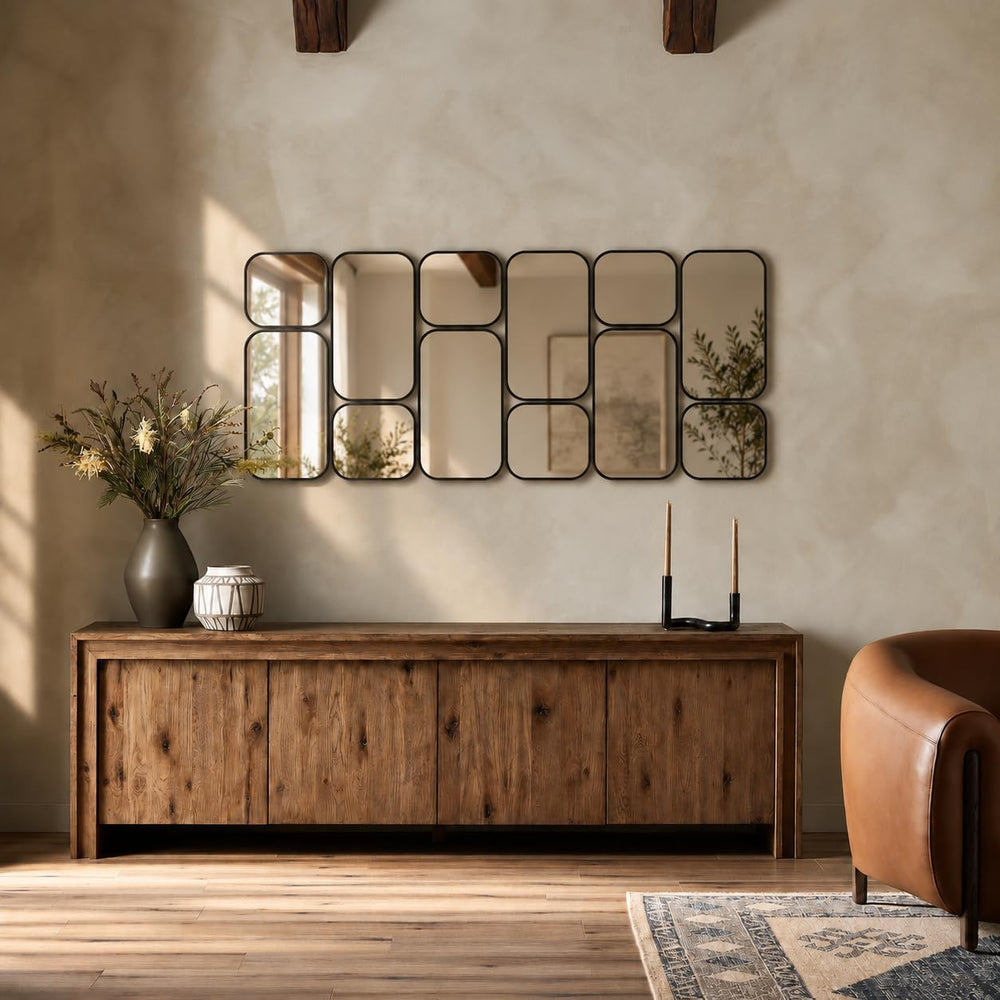 Large Decorative Wall Mirror, 47.2 x 23.6 Inch Black Metal 12-Piece Rounded R...