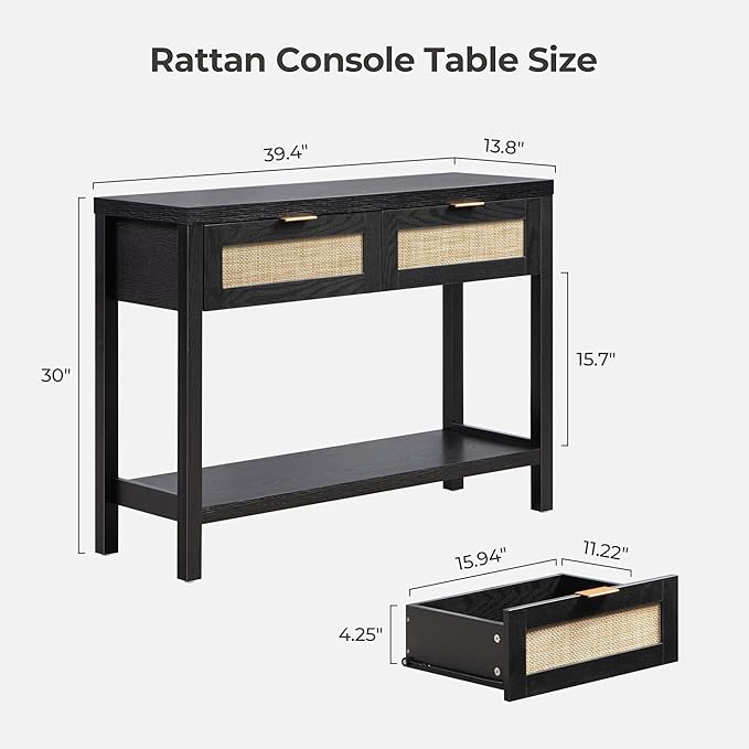 SICOTAS Black Console Table with Rattan Drawers - Boho Rattan Entryway Table ...