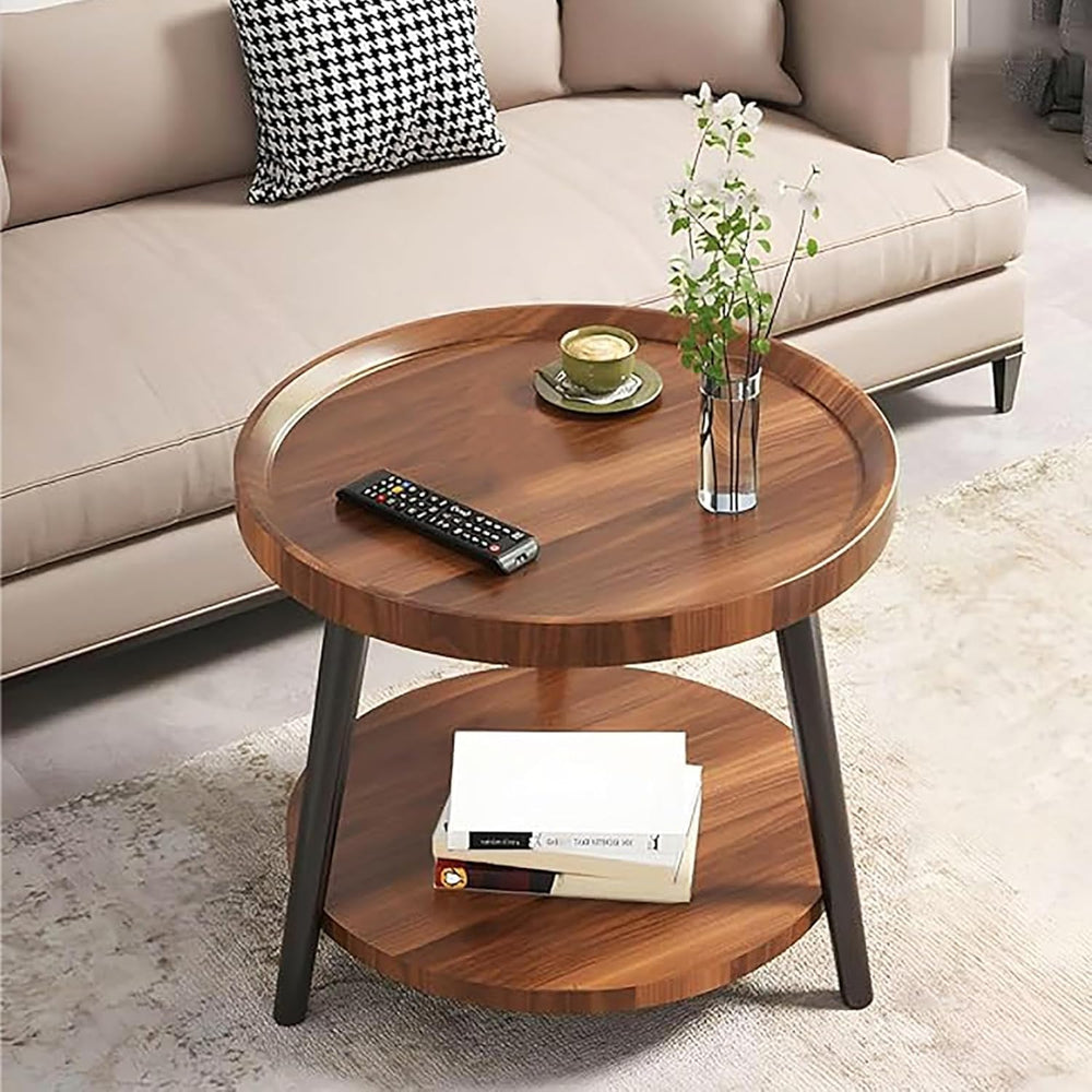 16in Small Round Coffee Table with 2-Tier Storage for Living Room