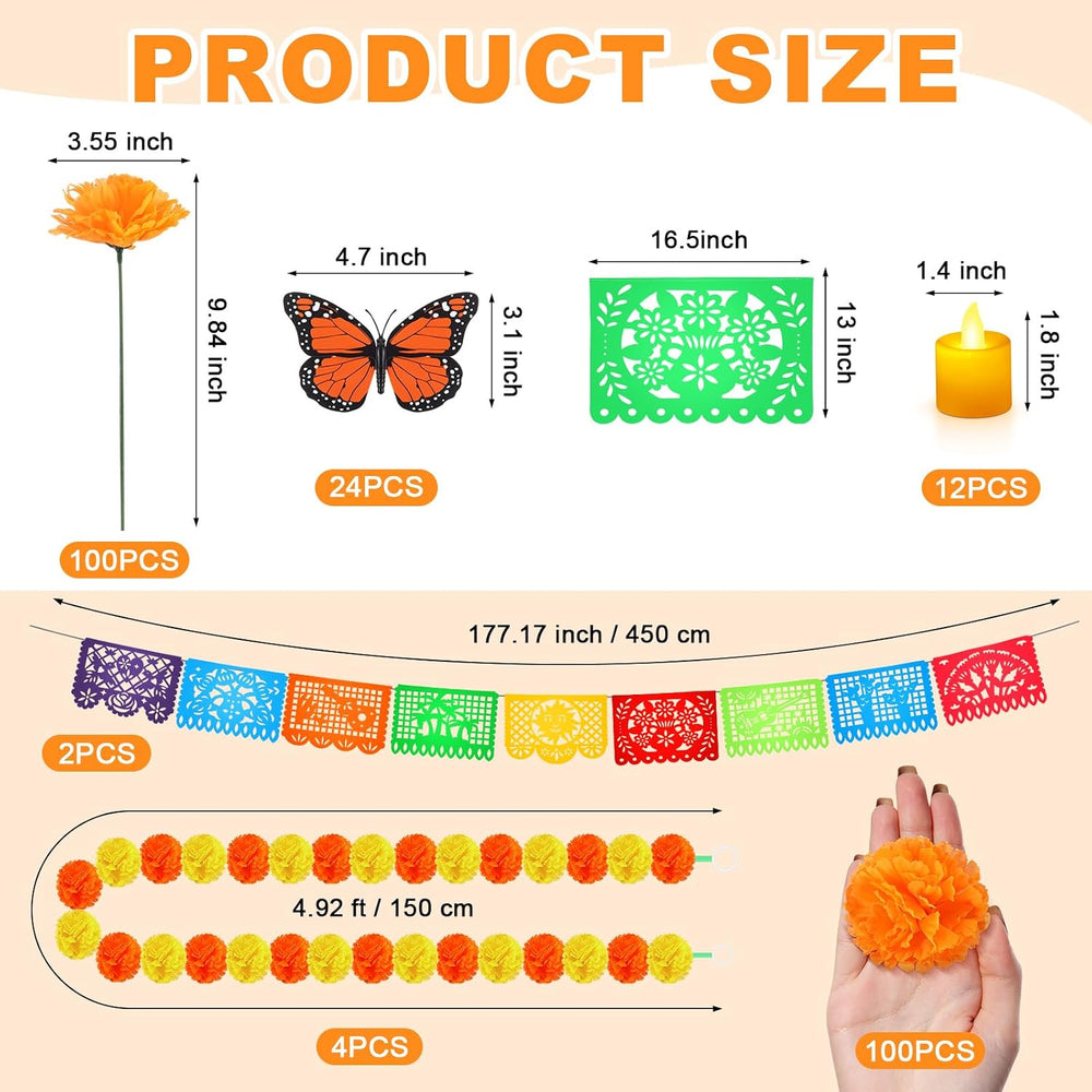 236 Pcs Day of the Dead Decoration Set 100 Artificial Marigold with Stem 4 Ca...