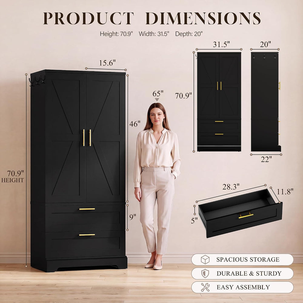YESHOMY 70.9" Armoire Wardrobe Closet with Sensor Light, 2 Drawers (Black)