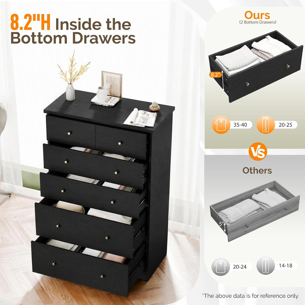 VINGLI 31.5"W Tall Black Dresser 6 Drawer Tall Black Chest of Drawers Deep