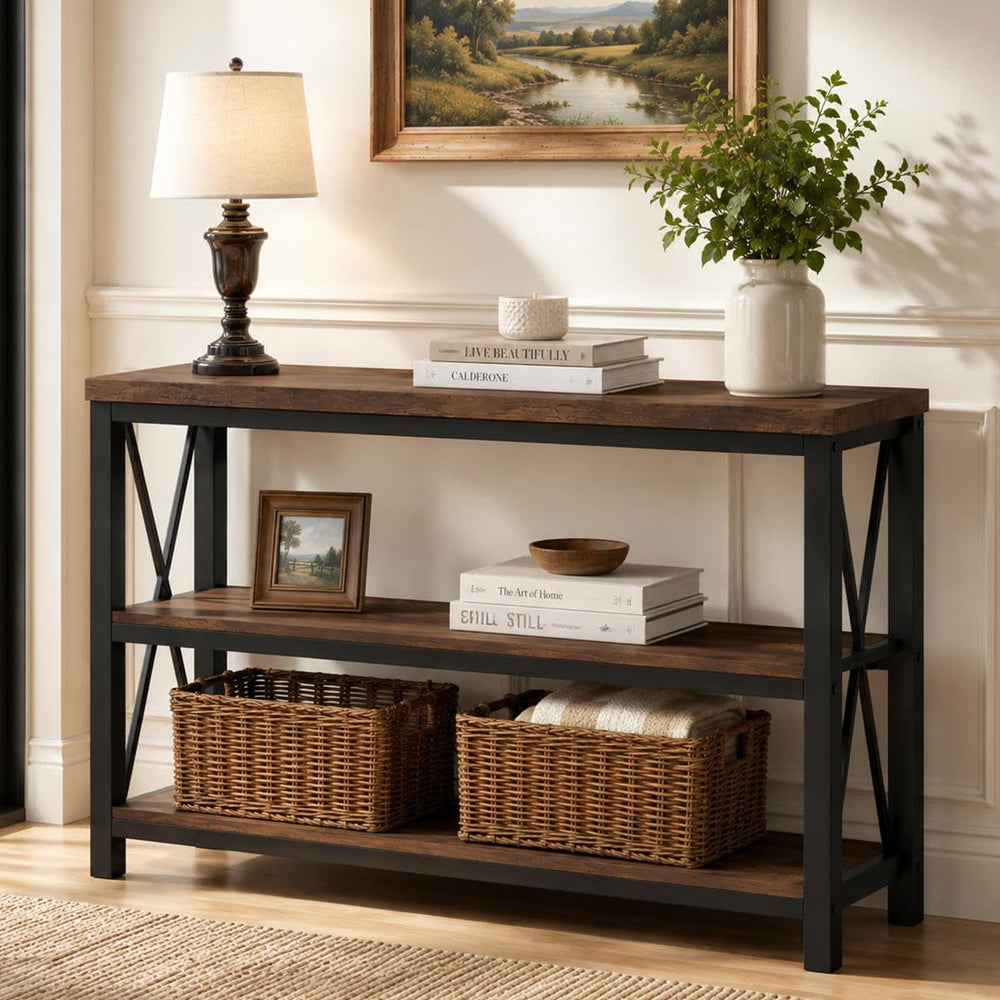 BON AUGURE 47” Narrow Console Table, 3 Tier Sofa Table Behind Couch, Rustic |...