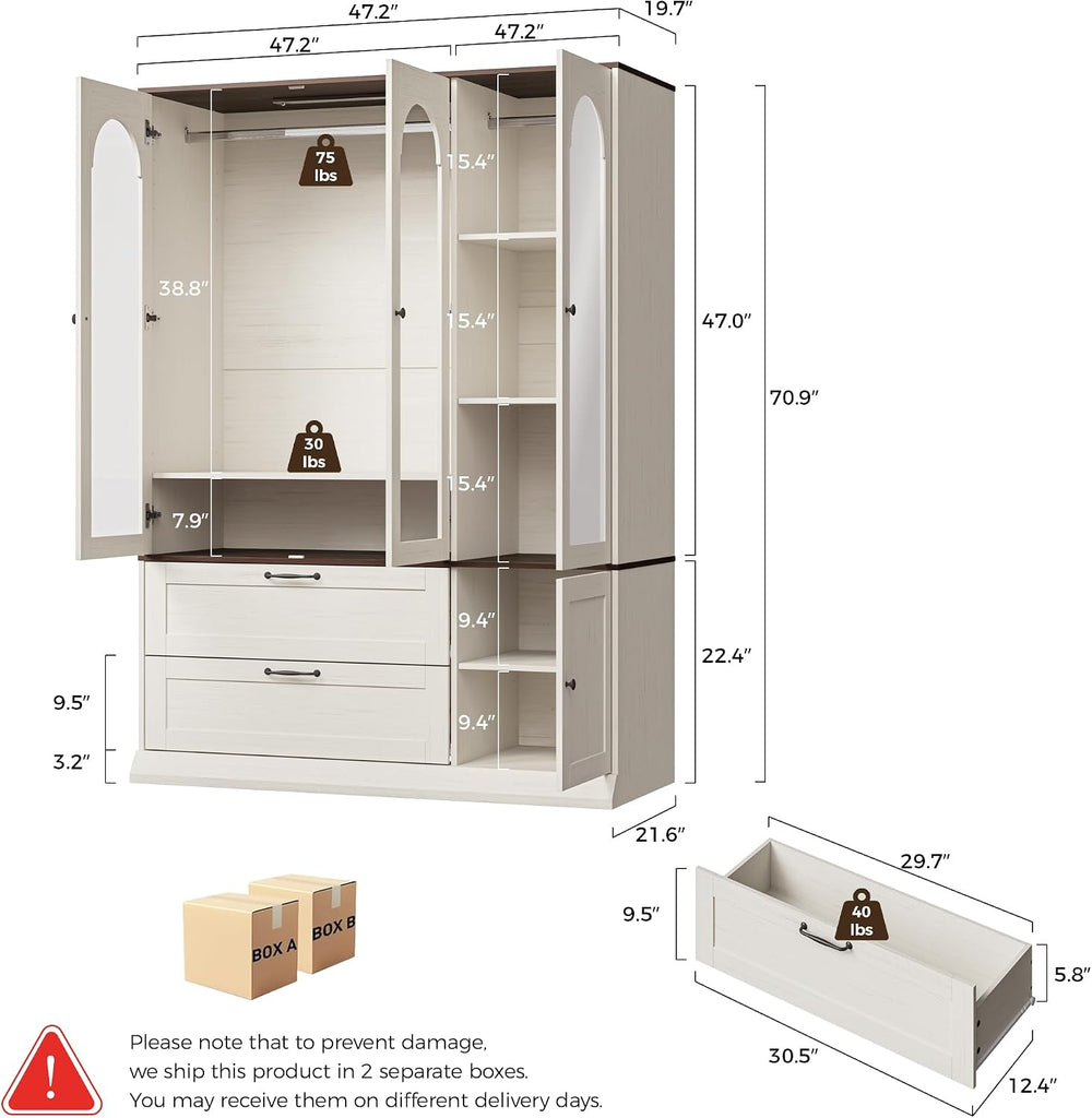 71" H Wardrobe Armoire with Mirror and Sensor Light,Flexible, Antique White