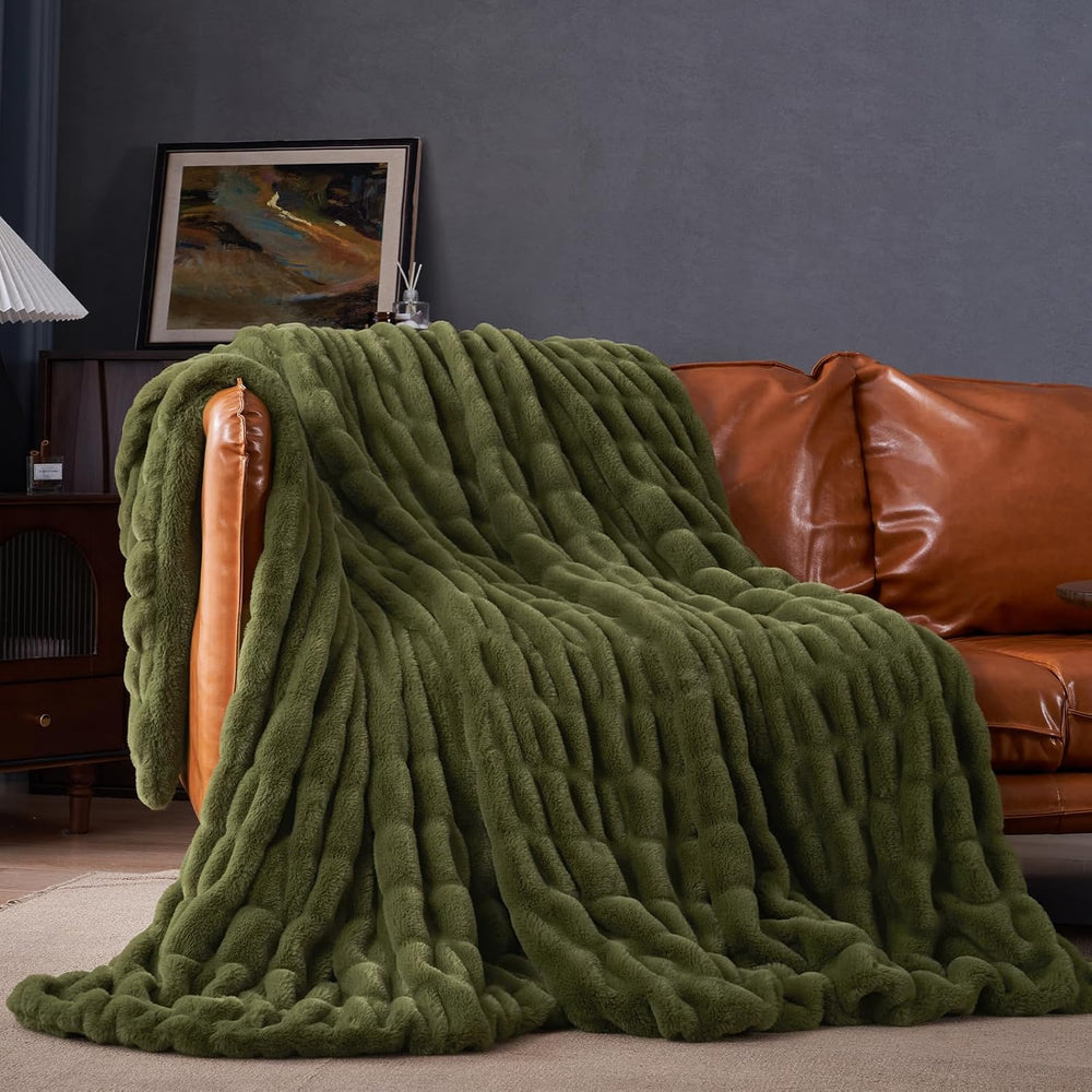 David's Home Double-Sided Faux Rabbit Fur Ruched Throw Blanket, Winter Moss