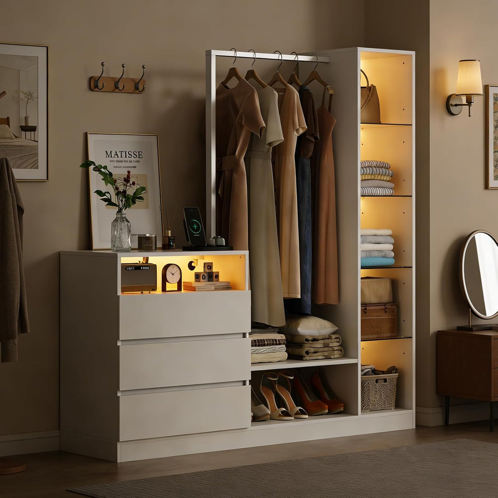 Wardrobe Dresser with Hanging Rack and Drawers, Led Wardrobe Dresser Combo