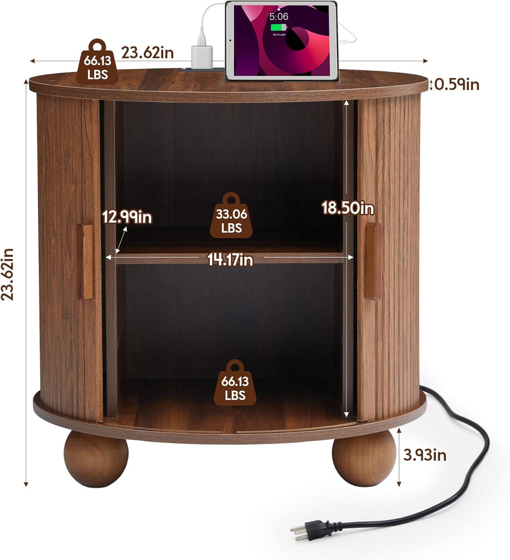 24" End Table with Charging Station, Farmhouse Round Fluted Wood Night S...