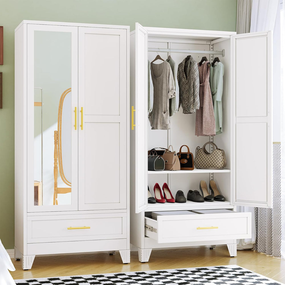 RIETERN Metal Armoire Wardrobe Closet, 71" Bedroom Closet with Mirror White