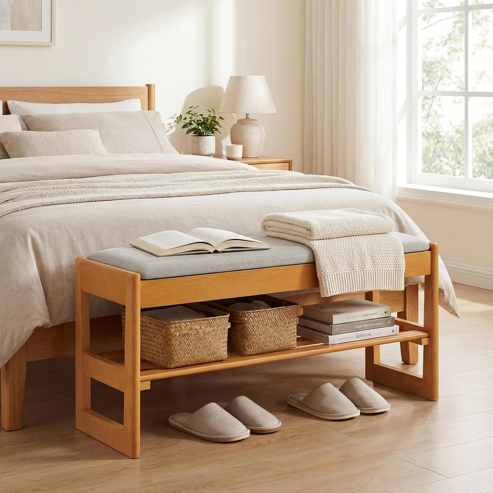 Giantex Shoe Rack Bench with Storage, Rubberwood Entryway Bench with Linen Se...