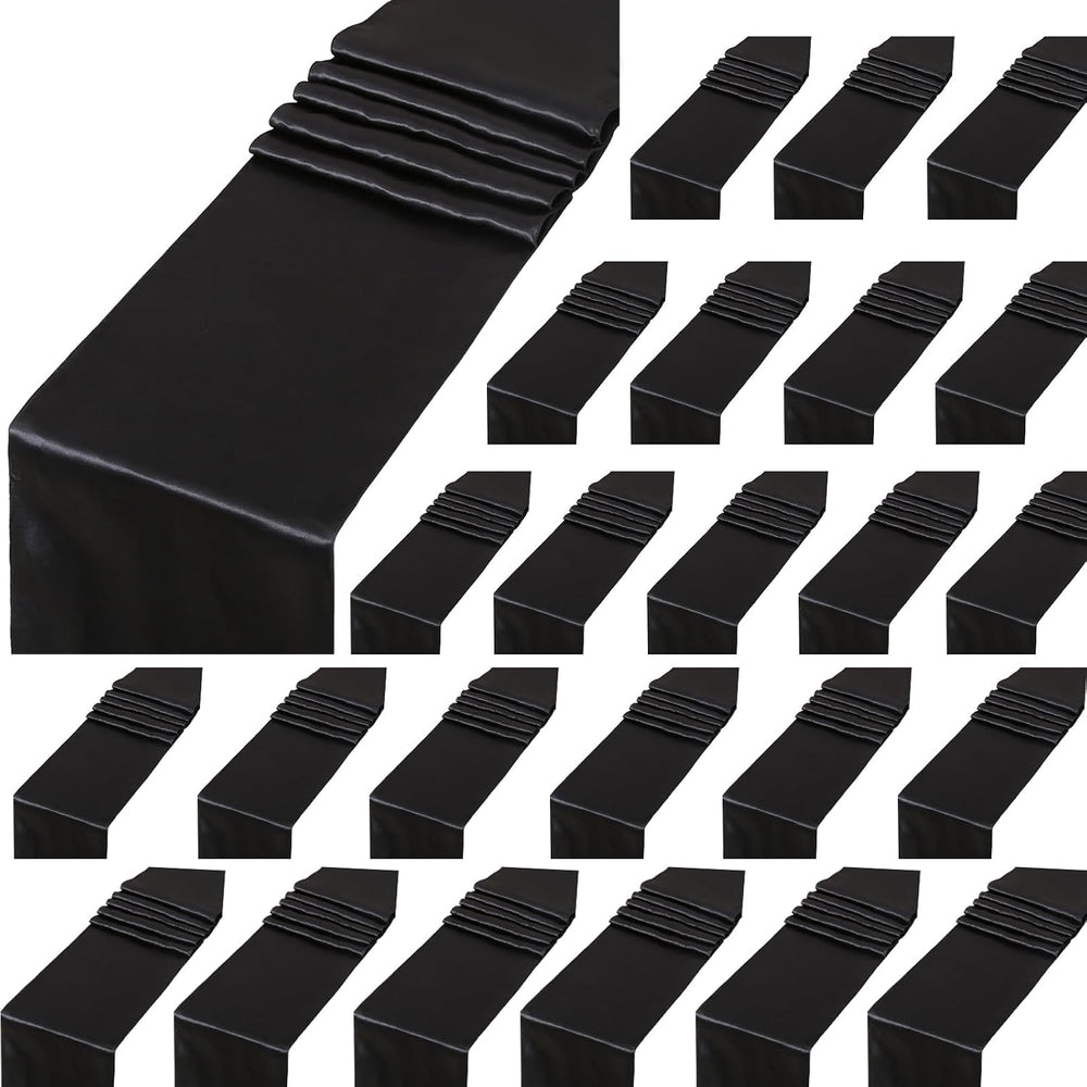 24 Pack Black Table Runners 12 x 108 Inches Long Smooth Satin Silk Black Hall...