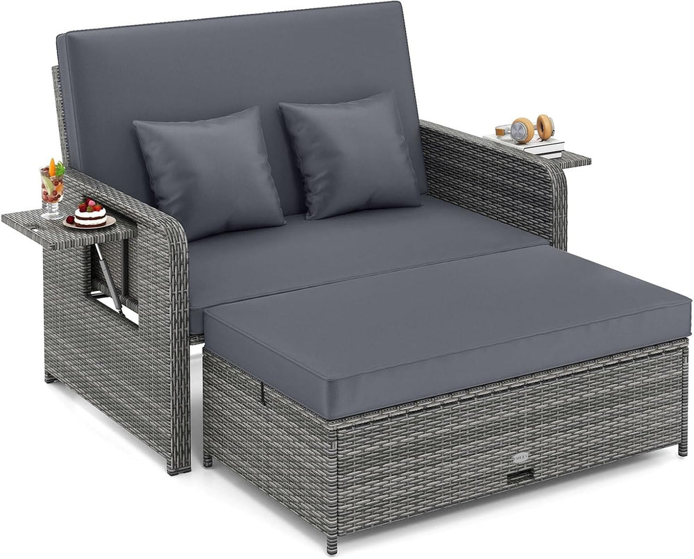 Tangkula Patio Rattan Daybed with 4-Level Adjustable Backrest, Grey Cushion