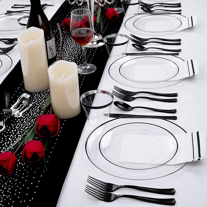 NOCCUR 350PCS Clear and Black Plastic Plates - Disposable Dinnerware Set for ...