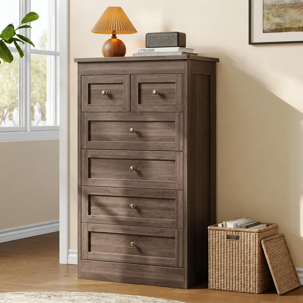 wanan Tall 6 Drawer Dresser for Bedroom, Gray Walnut Modern 43.3'' Ta...