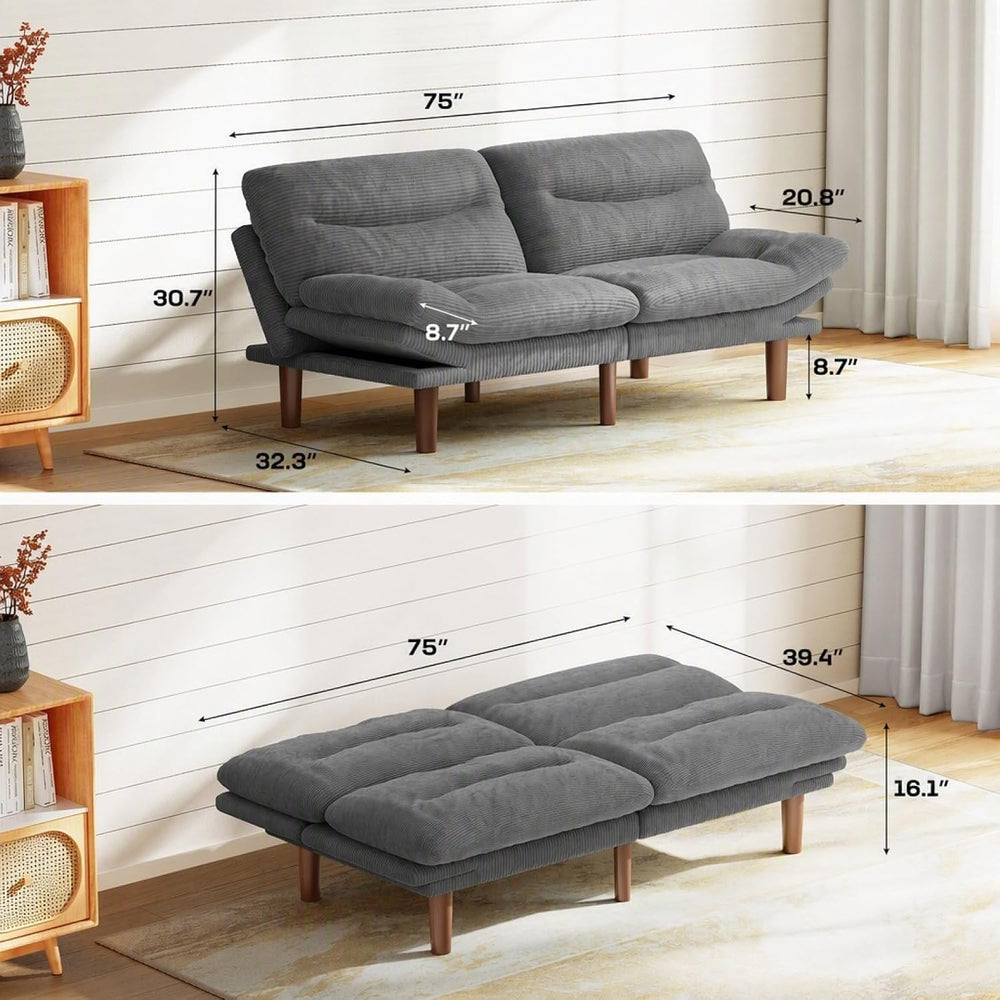 Marsail 75" Futon Sofa Bed, Small Convertible Sleeper Couch, Grey