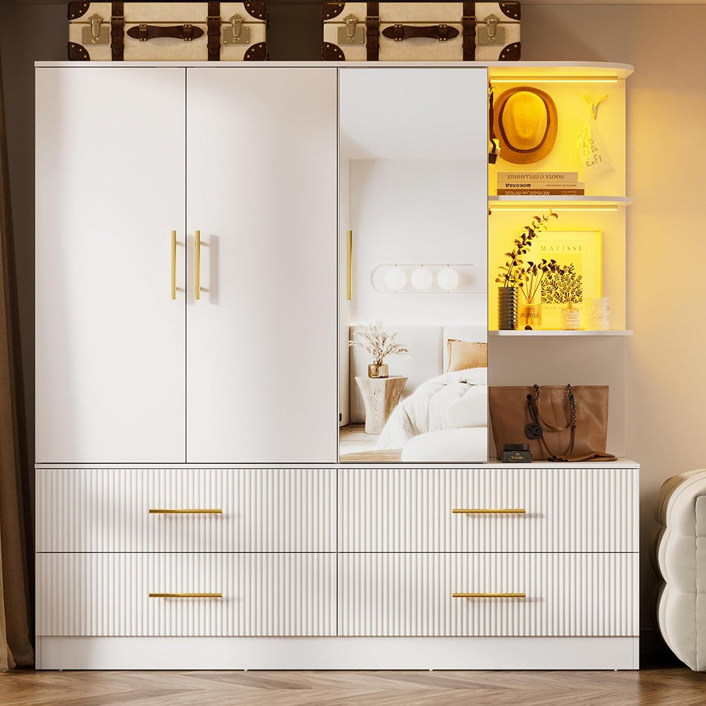 PAKASEPT Armoire Wardrobe Closet with 3 Door, Mirror, LED Lights