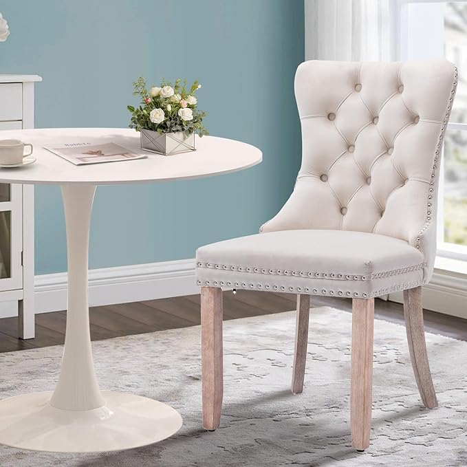 3-Piece Round Dining Table Set for 2,31.5" White Table & 2 Beige Vel...