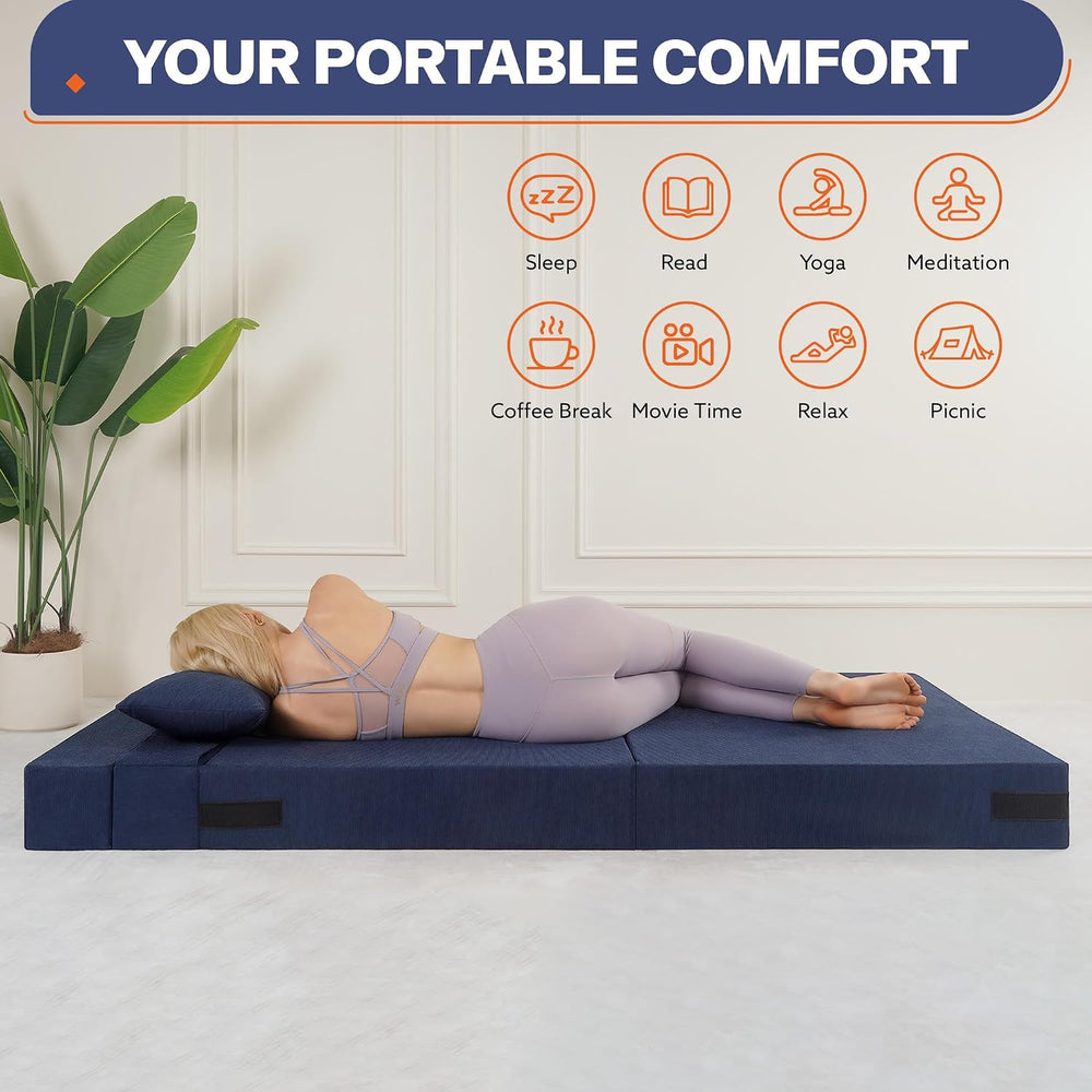 Fold Out Chair Bed with Pillow High-Density Foam Standard Size, Blue