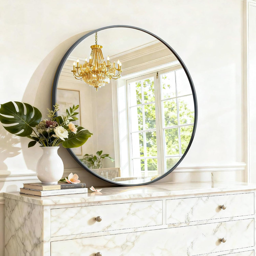Round Wall Mirror 30 Inch Black Vanity Mirror with Metal Frame